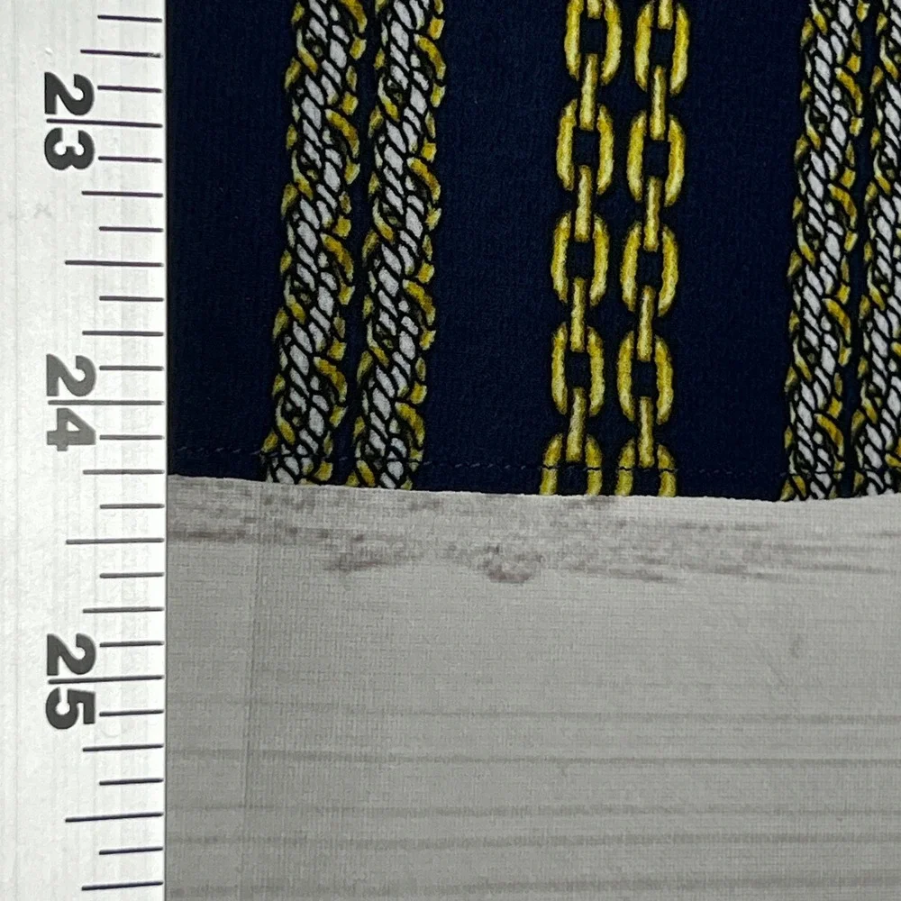 Michael Kors Chain Print Blouse Womens L Blue Gold V-Neck Tie Sleeve Top Office